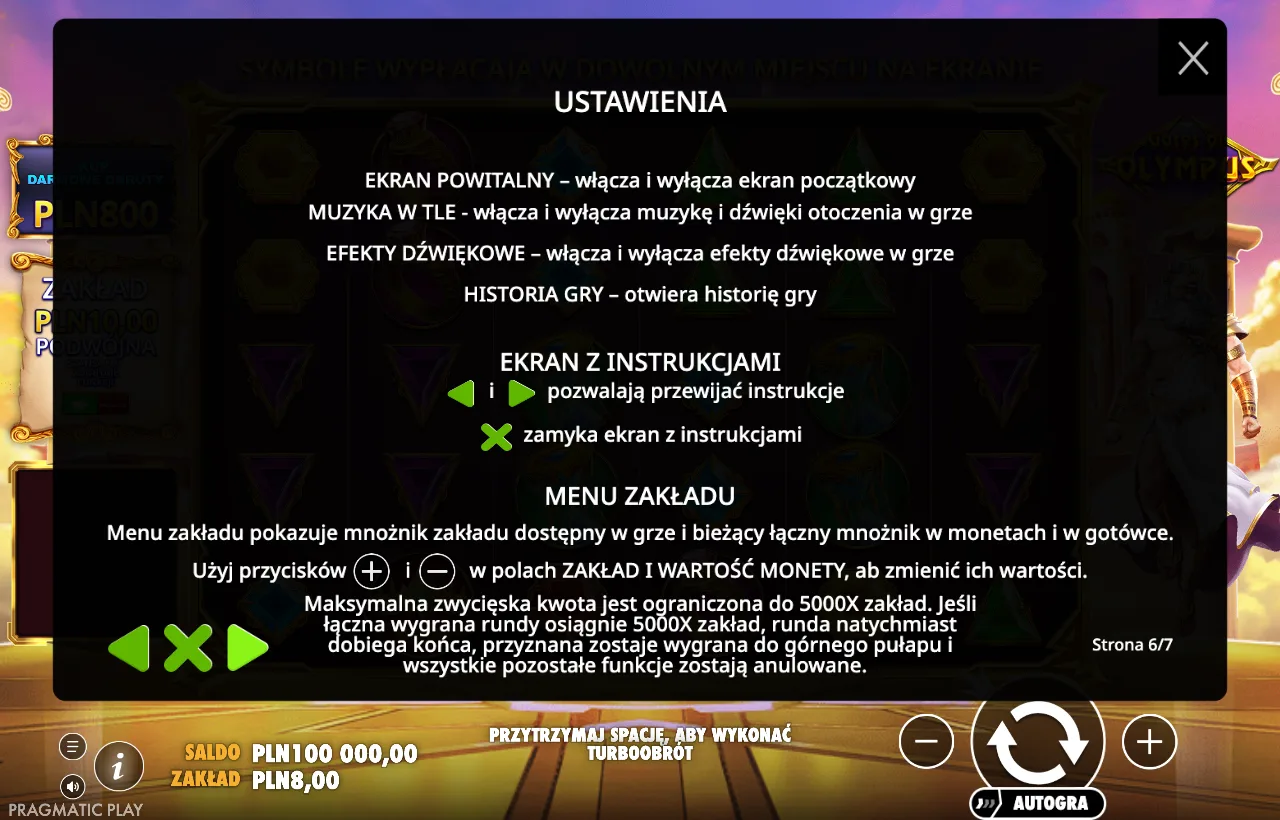 Ekran pomocy Gates of Olympus opisujący ustawienia i sterowanie