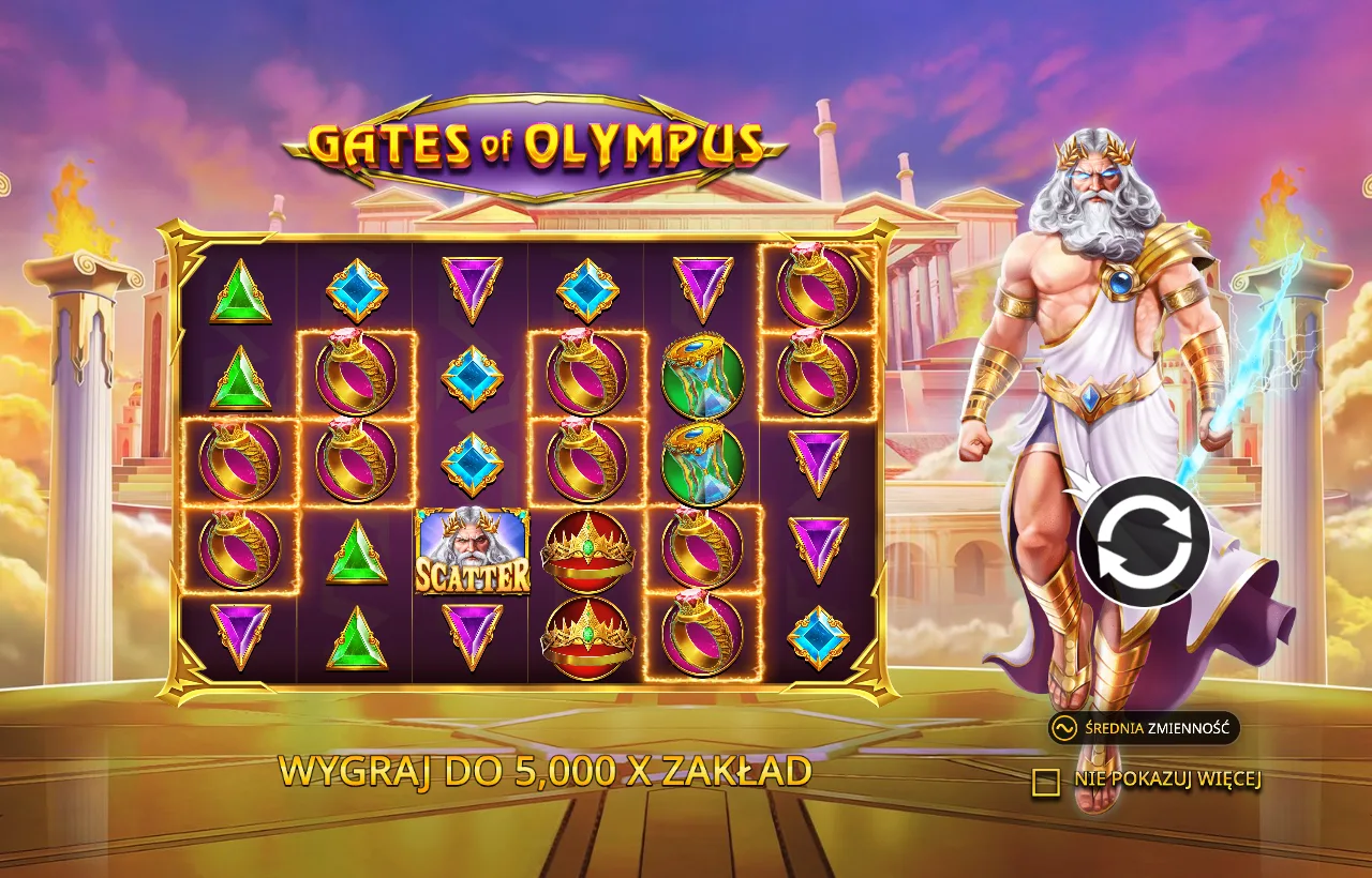 Ekran powitalny Gates of Olympus z Zeusem i symbolami gry
