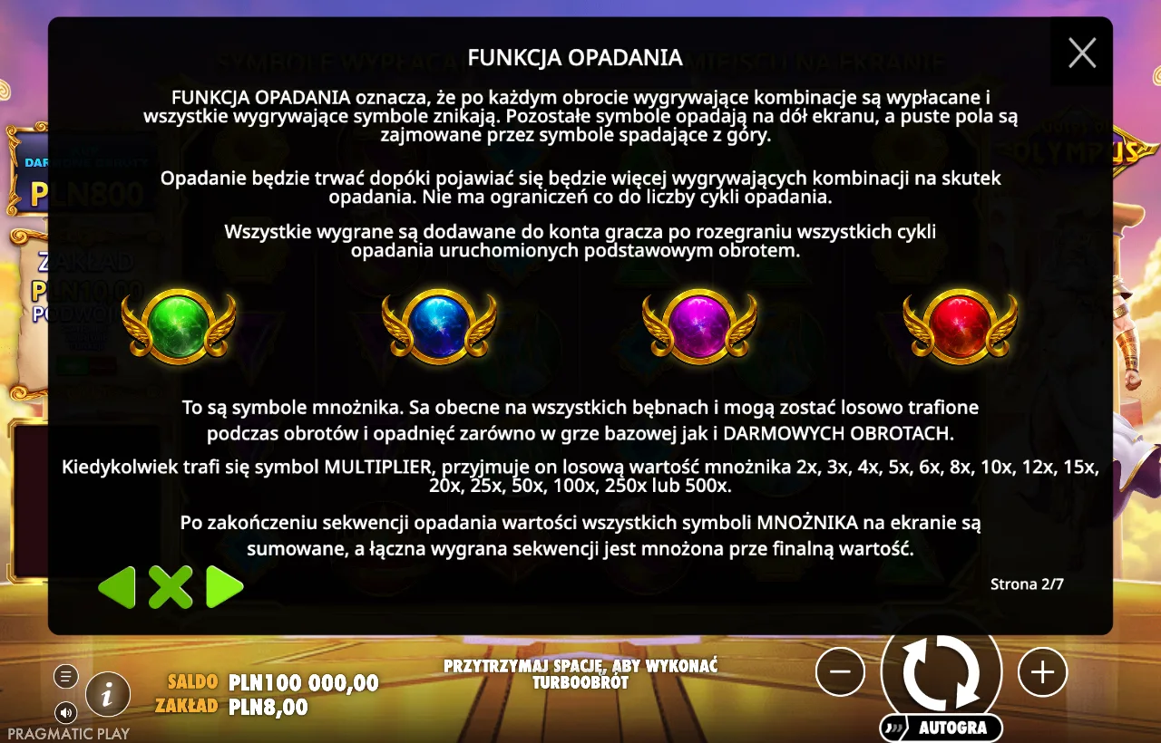 Pomoc gry pokazująca opadania i kolorowe symbole mnożnika